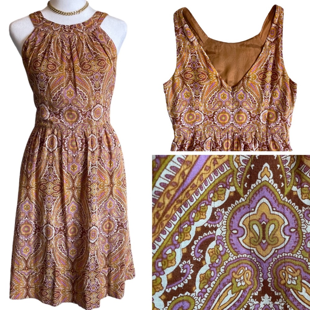 J. CREW | Warm Toned Paisley Fit and Flare Dress with Deep V Back | 8